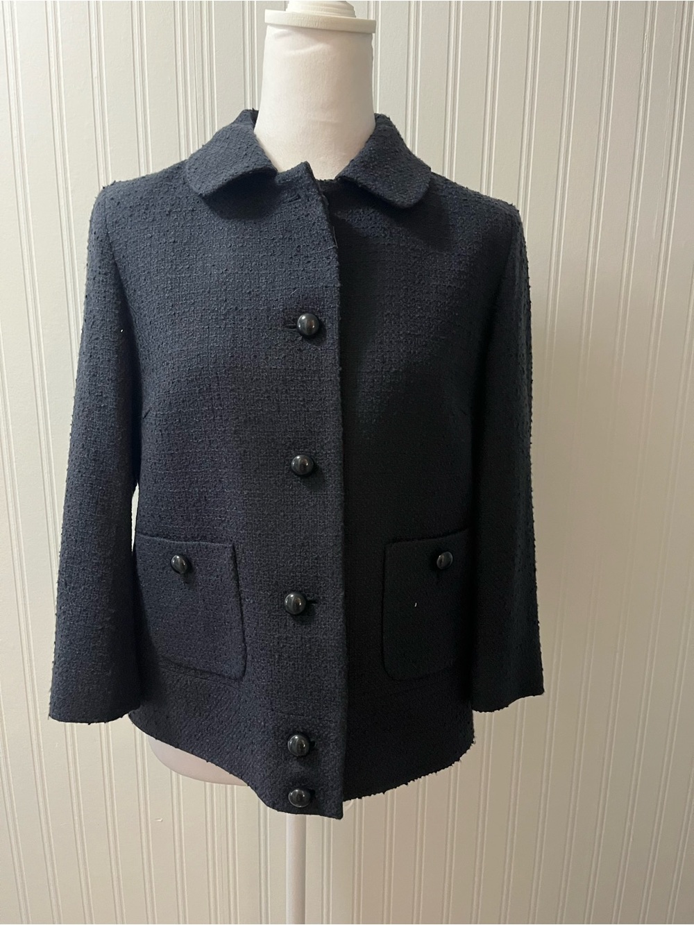 Talbots Navy Textured Bouclé Pea Coat with Patch Pockets